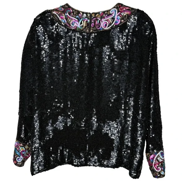 Donnatella Black Sequin Beaded Collar Long Sleeve Silk Blouse‎ Top Women's Sz L* - Picture 2 of 12
